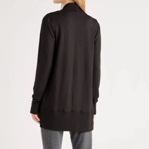 Quince Black French Terry Modal Longline Open Front Waterfall Cardigan SZ M - Picture 2 of 8